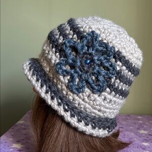 Crocheted silver and Gray rolled adjustable rim Hat medium thick acrylic